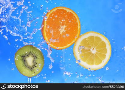 slices of kiwi, orange and lemon in water with bubbles&#xA;