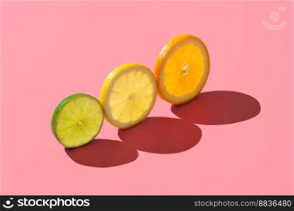 Slices of lime, lemon and orange aligned on a pink table in a bright light. Slices of different citrus fruits minimalist on a vibrant background