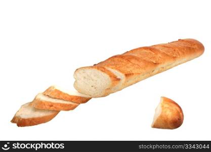 Slices of loaf of baguette. Close-up. Isolated on white background.