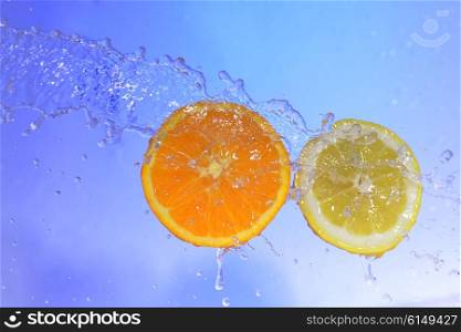 slices of orange and lemon in water with bubbles&#xA;