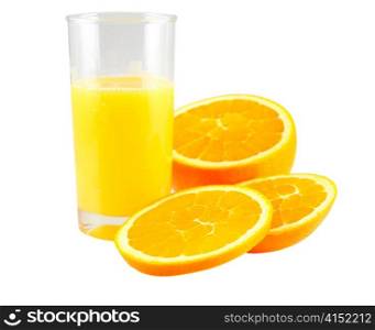 slices of orange and orange juice over white