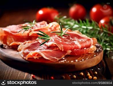 Slices of parma ham with rosemary on chopping board.AI Generative.