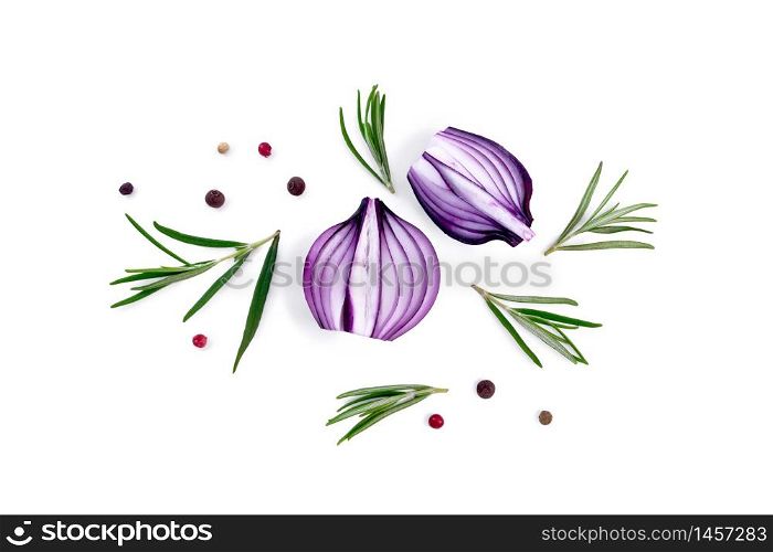 Slices of purple onions with sprigs of rosemary and peas of colored pepper isolated on a white background