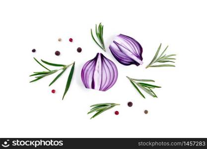 Slices of purple onions with sprigs of rosemary and peas of colored pepper isolated on a white background