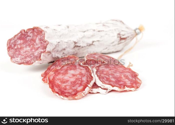 slices of salami isolated on a white background