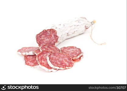 slices of salami isolated on a white background