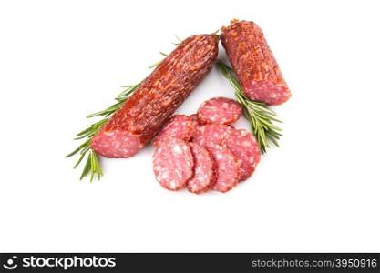 slices of salami isolated on a white background