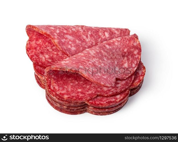 Slices of salami. Isolated on a white background.. Slices of salami on a white background.