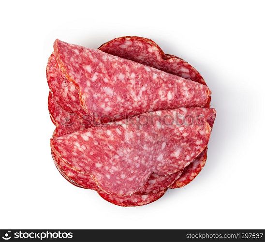Slices of salami. Isolated on a white background.. Slices of salami on a white background.