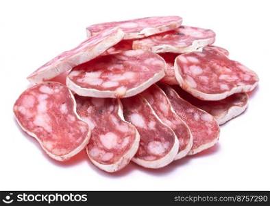 slices of Spanish Fuet thin dried salami sausage isolated on a white background.. slices of Spanish Fuet thin dried salami sausage isolated on a white background