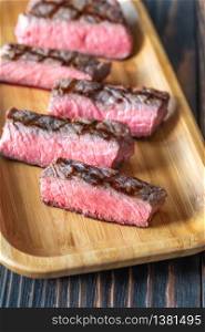Slices of strip steak close-up