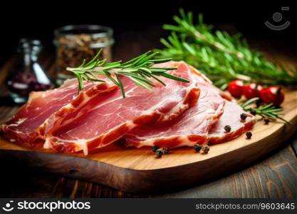 Slices of tasty cured ham with rosemary