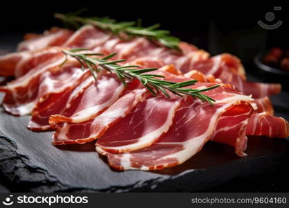 Slices of tasty cured ham with rosemary