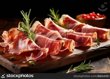 Slices of tasty cured ham with rosemary