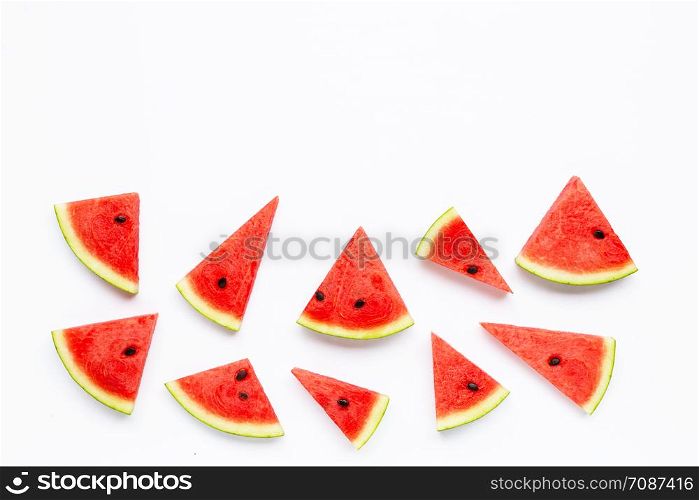 slices of watermelon isolated on white background, top view