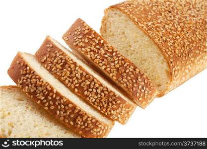 Slices of white bread with sesame seeds isolated on white background