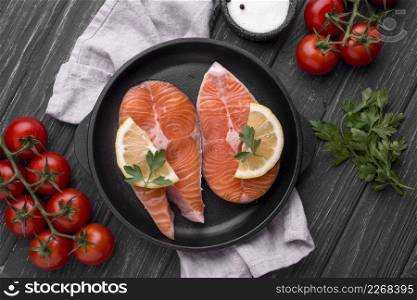 slices raw red salmon top view