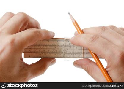 slide rule in hand isolated on a white background