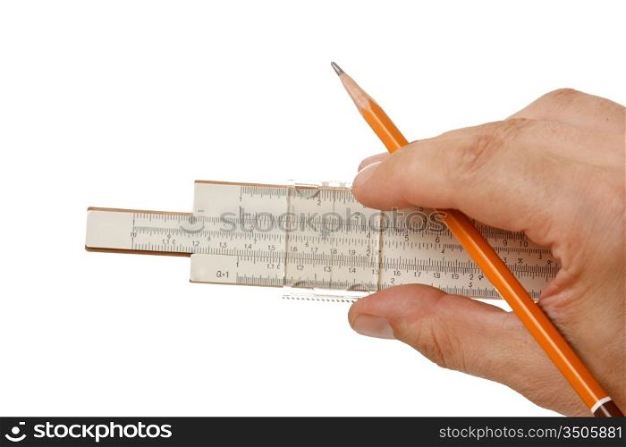 slide rule in hand isolated on a white background