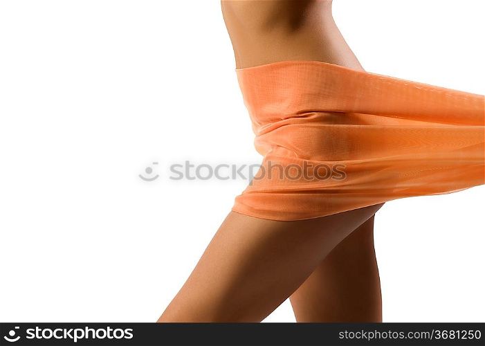 slim body of naked woman with colored material covering her body