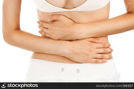 Slim Body of Young Woman with Abdominal Pain at the White Backgrownd.