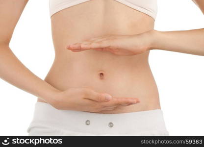 Slim Body of Young Woman with Perfect Healthy Digestive Tract Work. White Background.