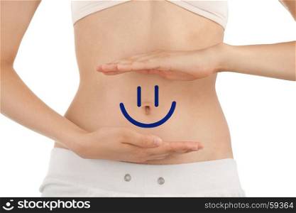 Slim Body of Young Woman with Perfect Healthy Digestive Tract Work. White Background.