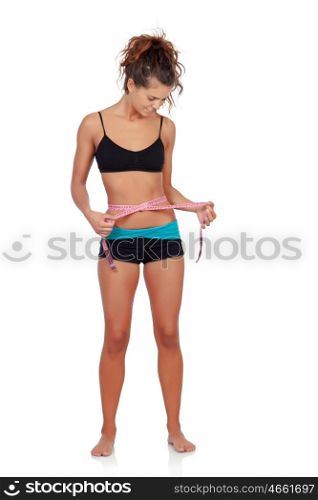 Slim brunette girl with tape measure isolated on a white background