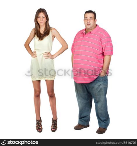 Slim girl and fat man isolated on a over white background