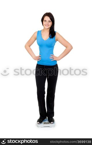slim girl standing on scales isolated on white background