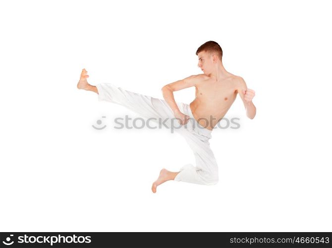 Slim guy practicing martial art isolated on white background