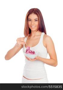 Slim woman eating with a scale in the plate isolated on a white background