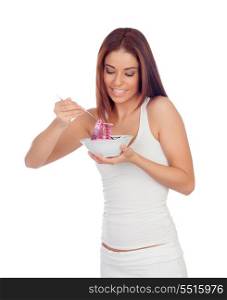 Slim woman eating with a scale in the plate isolated on a white background