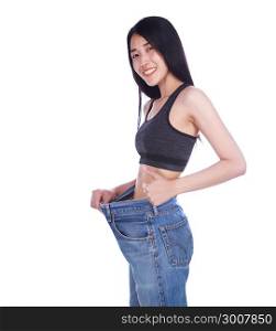 slim woman in old jeans showing thumbs up isolated on a white background