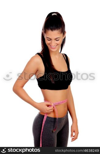 Slim woman tape measure isolated on white background