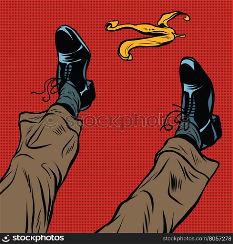 Slipping on the banana pop art retro comic drawing illustration. Men boots and a yellow banana peel. Slipping on the banana