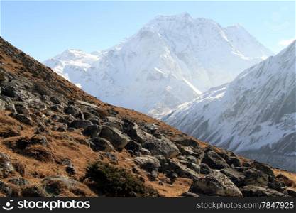 Slope of mount and Manaslu near Larke pass in Nepal