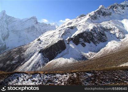 Slope of mount Manaslu with snow in Nepal