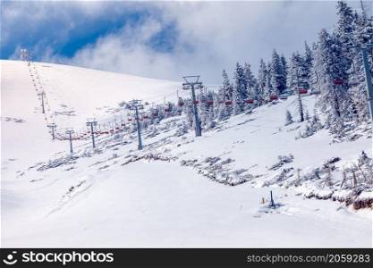 Slope on the skiing resort in Carpathians. Ukraine. Winter landscape
