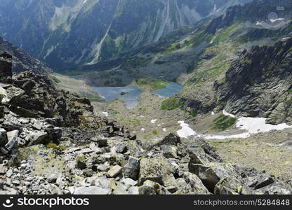 slopes and peaks of mountains and blue sky landscape