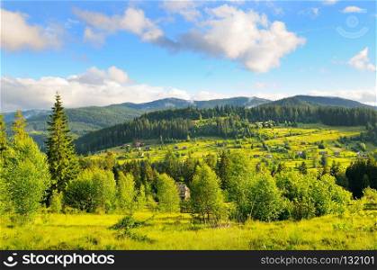 Slopes of mountains, coniferous trees and clouds in the evening sky. Picturesque and gorgeous scene. Location place Carpathian, Ukraine, Europe. Concept ecology protection. Explore the world&rsquo;s beauty.
