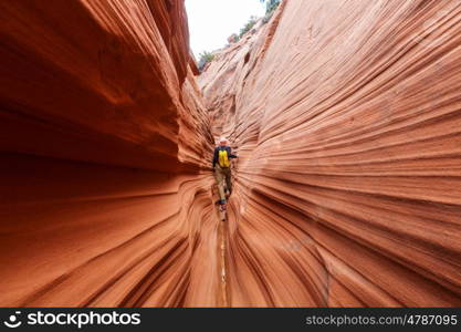 Slot canyon in Grand Staircase Escalante National park, Utah, USA. Unusual colorful sandstone formations in deserts of Utah are popular destination for hikers.