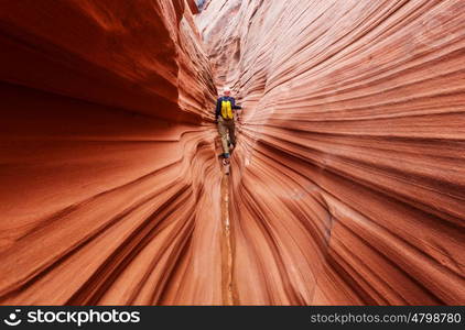 Slot canyon in Grand Staircase Escalante National park, Utah, USA. Unusual colorful sandstone formations in deserts of Utah are popular destination for hikers.