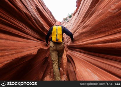 Slot canyon in Grand Staircase Escalante National park, Utah, USA. Unusual colorful sandstone formations in deserts of Utah are popular destination for hikers.