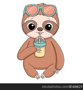 Sloth in sun glasses with smoothie drink summer illustration