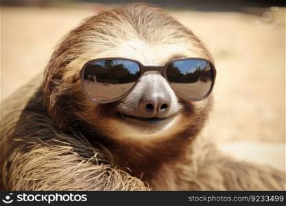 Sloth summer black sunglasses. Zoo nature fun. Generate Ai. Sloth summer black sunglasses. Generate Ai