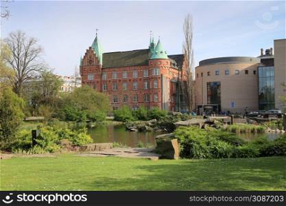 Slottsparken park pond and city library building, Malmo, Sweden8