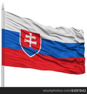 Slovakia Flag on Flagpole , Flying in the Wind, Isolated on White Background