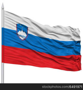 Slovenia Flag on Flagpole , Flying in the Wind, Isolated on White Background