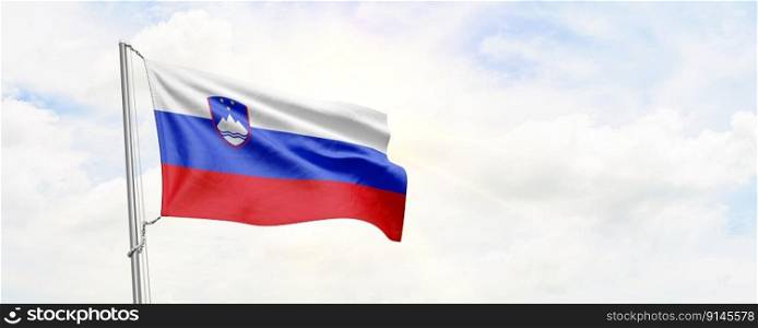 Slovenia flag waving on sky background. 3D Rendering